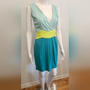 Minuet Teal and Yellow Color Block Mini Dress With Cutout Back